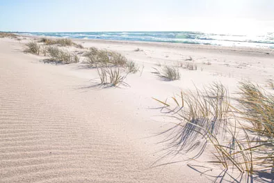 Sonniger goldener Strand in Miedzywodzie