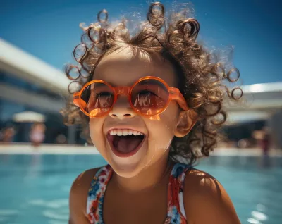 Glückliches kleines Mädchen mit Sonnenbrille am Pool im Sommer