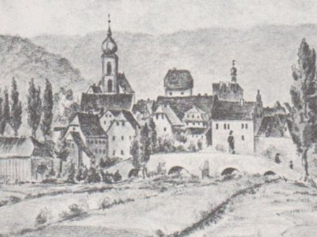 Brückenau mit der alten Brücke. Zeichnung von H. Girl, vor 1876